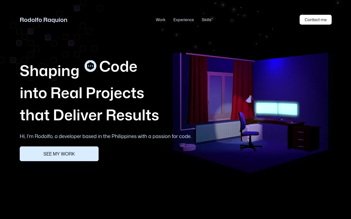 The raquion.tech homepage: a dark page with the headline "Shaping Code into Real Projects that Deliver Results" beside an interactive 3D scene of a lamp-lit room with a desk, monitors and a chair.